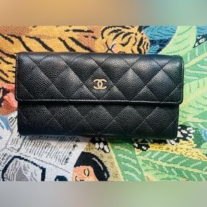 Authentic Chanel Black Quilted Leather Long Wallet